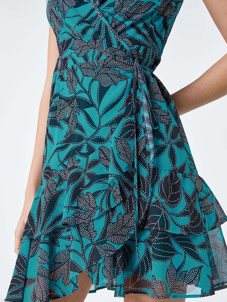 Roman Blue Leaf Print Frill Wrap Dress - Image 5 of 5
