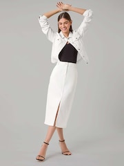 Roman White Cotton Blend Denim Stretch Midi Skirt - Image 1 of 5