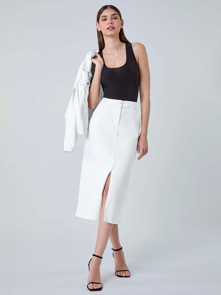 Roman White Cotton Blend Denim Stretch Midi Skirt - Image 2 of 5