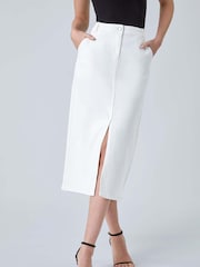 Roman White Cotton Blend Denim Stretch Midi Skirt - Image 4 of 5