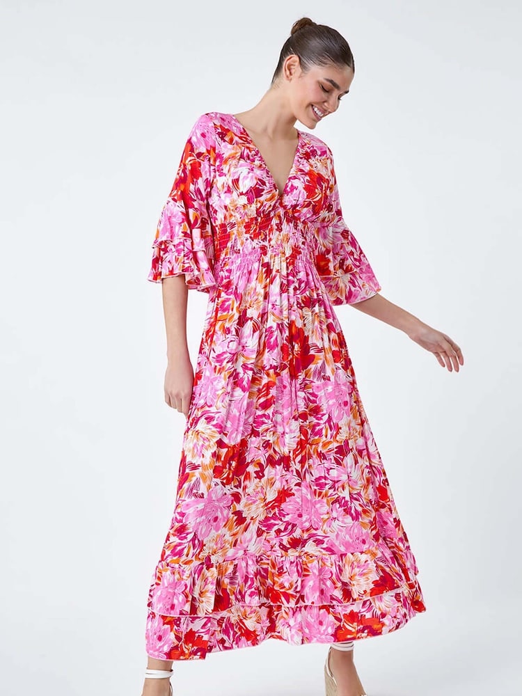 Roman Pink Floral Ruffle Detail Shirred Midi Dress - Image 1 of 5