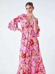 Roman Pink Floral Ruffle Detail Shirred Midi Dress - Image 2 of 5