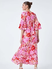 Roman Pink Floral Ruffle Detail Shirred Midi Dress - Image 3 of 5