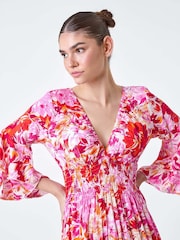 Roman Pink Floral Ruffle Detail Shirred Midi Dress - Image 4 of 5