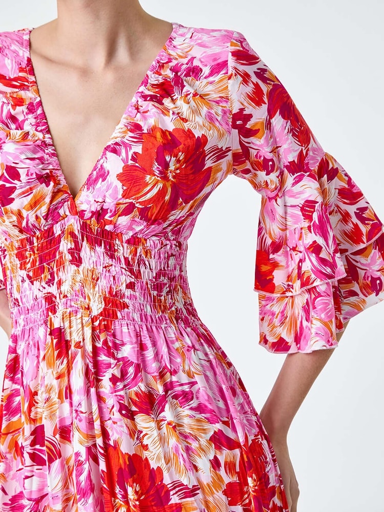 Roman Pink Floral Ruffle Detail Shirred Midi Dress - Image 5 of 5