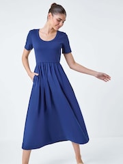Roman Blue Cotton Stretch Jersey Mix Midi Dress - Image 1 of 5