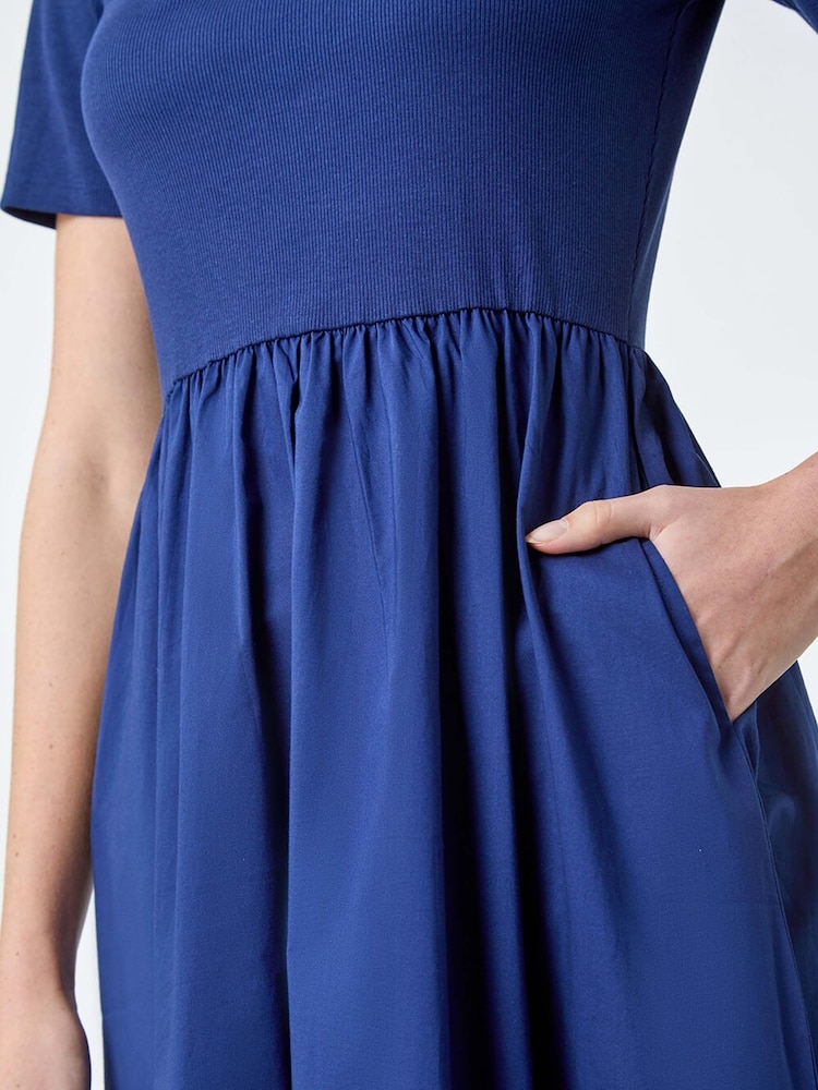 Roman Blue Cotton Stretch Jersey Mix Midi Dress - Image 2 of 5