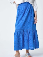 Roman Blue 100% Cotton Broderie Pocket Midi Skirt - Image 4 of 5