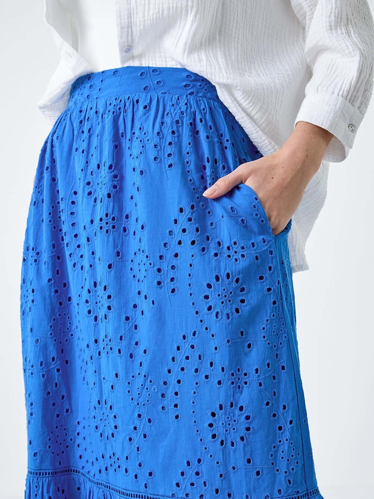 Roman Blue 100% Cotton Broderie Pocket Midi Skirt - Image 5 of 5