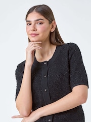 Roman Black Fringe Detail Sparkle Button Cotton Cardigan - Image 1 of 5