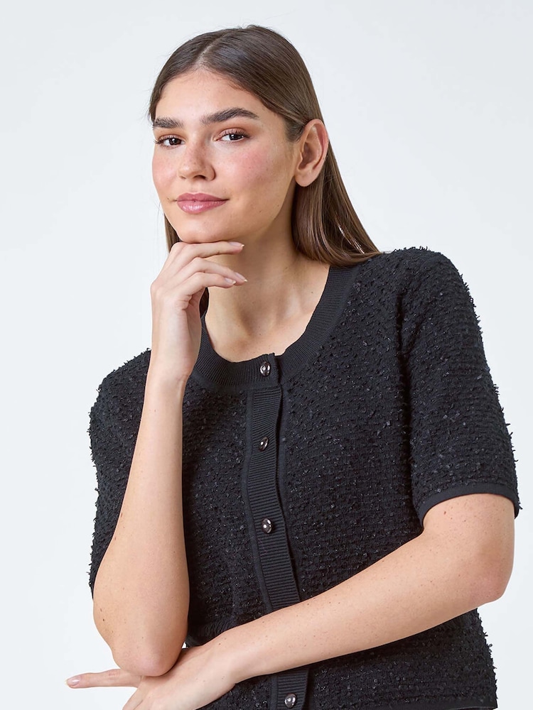 Roman Black Fringe Detail Sparkle Button Cotton Cardigan - Image 1 of 5
