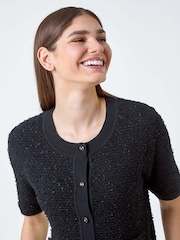 Roman Black Fringe Detail Sparkle Button Cotton Cardigan - Image 4 of 5