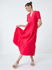 Roman Pink Plain 100% Cotton Tiered Maxi Dress - Image 1 of 5