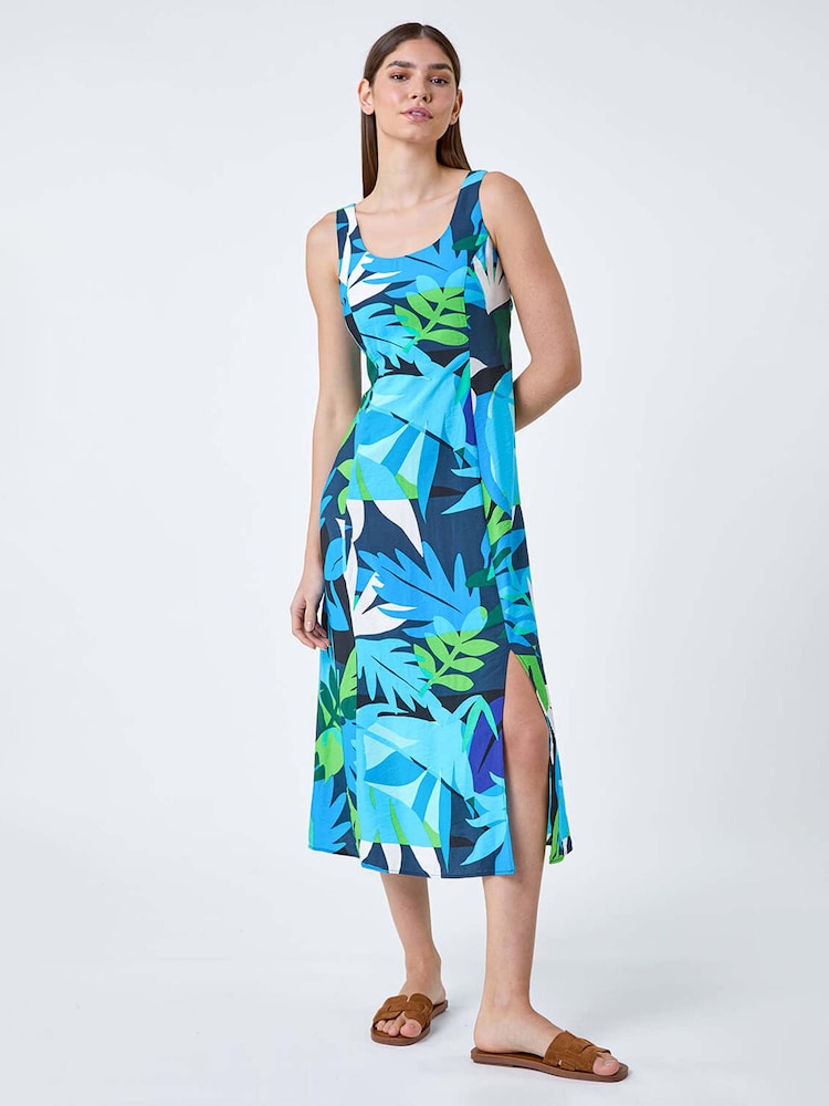 Roman Blue Abstract Leaf Tie Back Midi Dress - Image 1 of 5