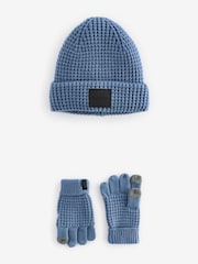 smALLSAINTS Blue Nevada Ribbed Beanie and Gloves Set - Image 4 of 8