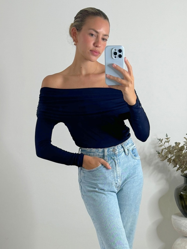 Style Cheat Blue Tatiana Off Shoulder Long Sleeve Top - Image 1 of 4