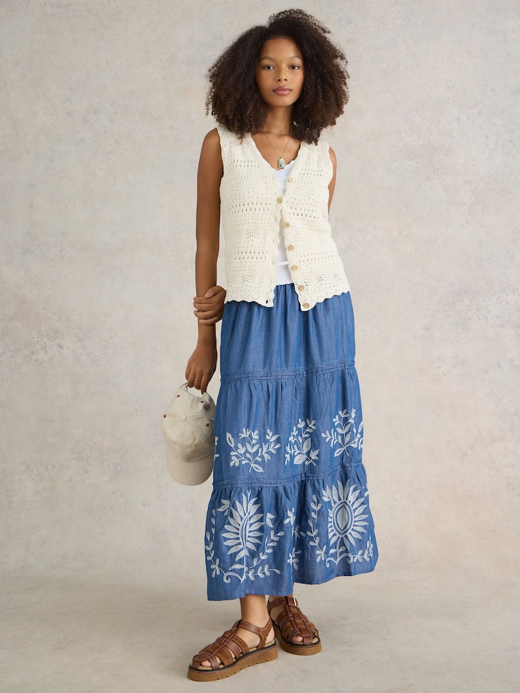 White Stuff Blue Isla Embroidered Denim Skirt - Image 1 of 6