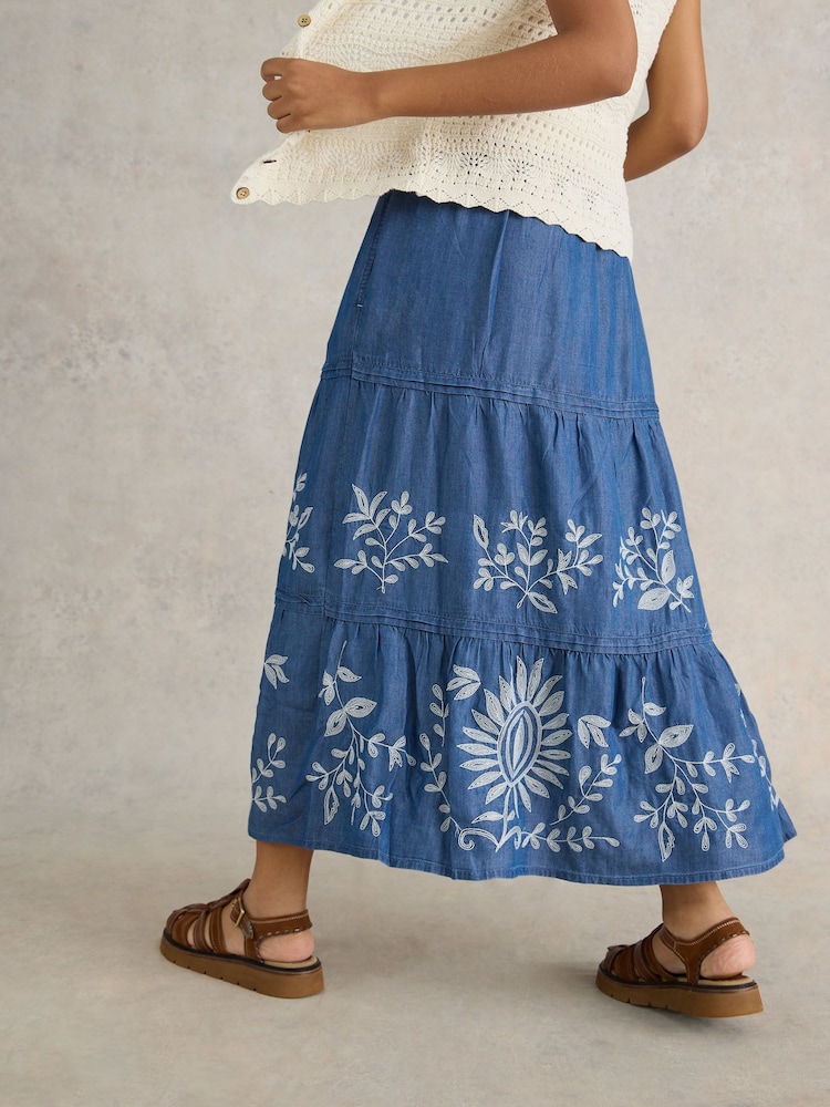 White Stuff Blue Isla Embroidered Denim Skirt - Image 2 of 6