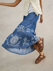 White Stuff Blue Isla Embroidered Denim Skirt - Image 3 of 6