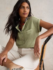 White Stuff Green 100% Cotton Beth Jersey Mix T-Shirt - Image 1 of 7