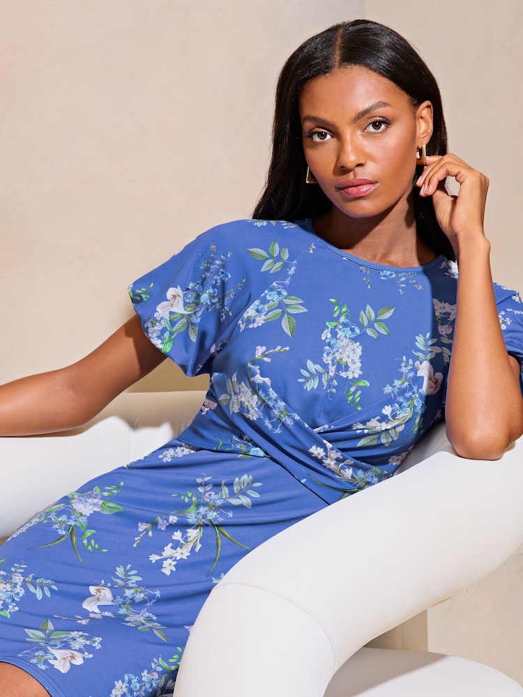 Lipsy Blue Floral Cross Front Underbust Jersey Mini Dress - Image 4 of 4