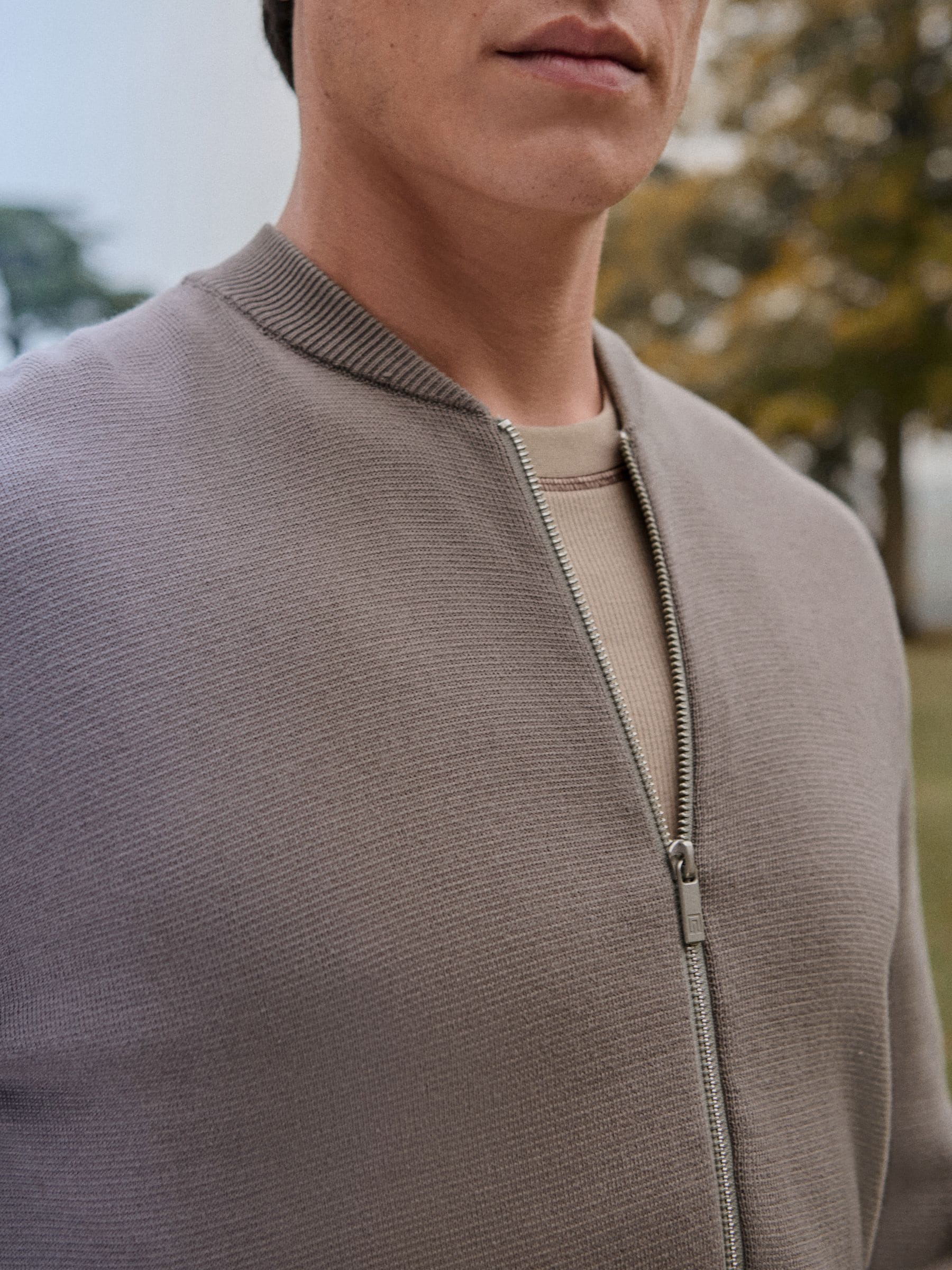 Buy Neutral Regular Fit 100% Cotton Knitted Bomber Jacket