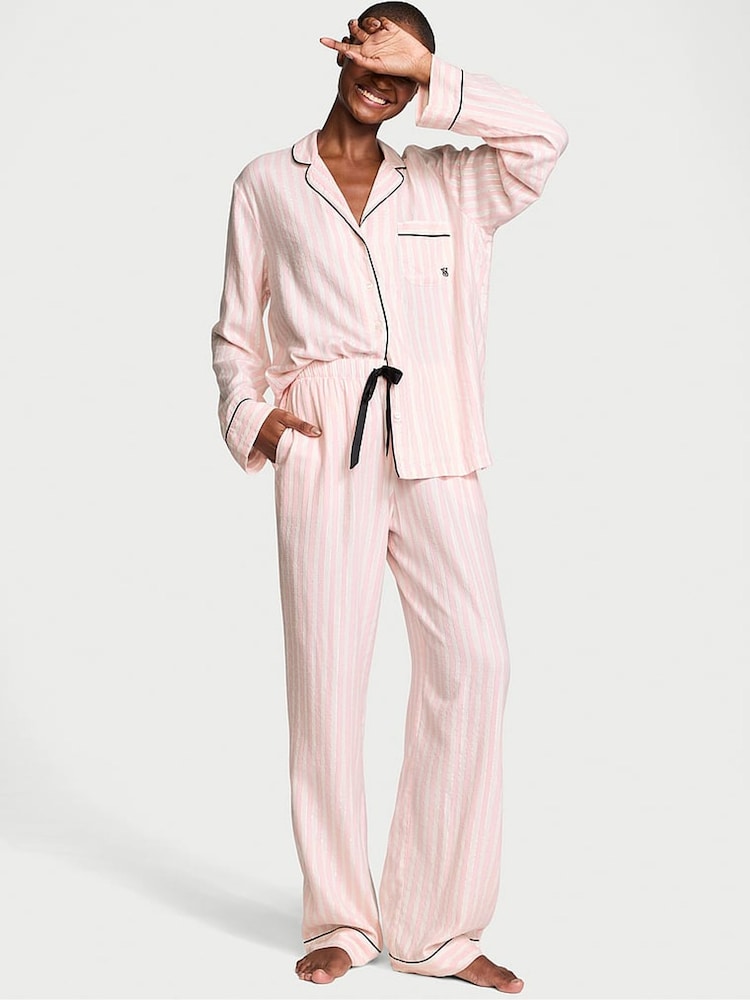 Victoria's Secret Pretty Blossom Pink Stripe Flannel Long Pyjama Set - Image 1 of 3
