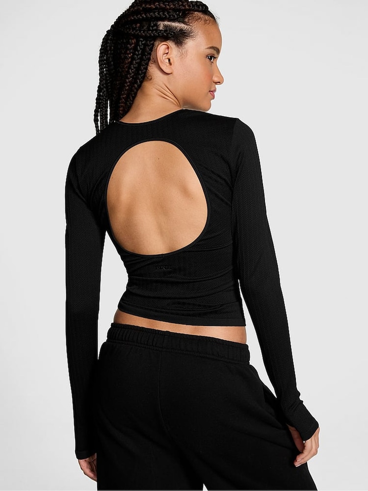 Zwart - Victoria's Secret PINK naadloos kabelgebreid T-shirt met lange mouwen - Image 2 of 3