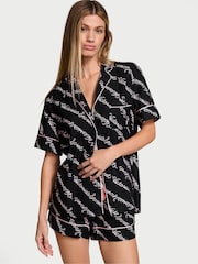 Victoria's Secret Black Ribbon Script Flannel Short Pyjama Set - Image 1 of 3