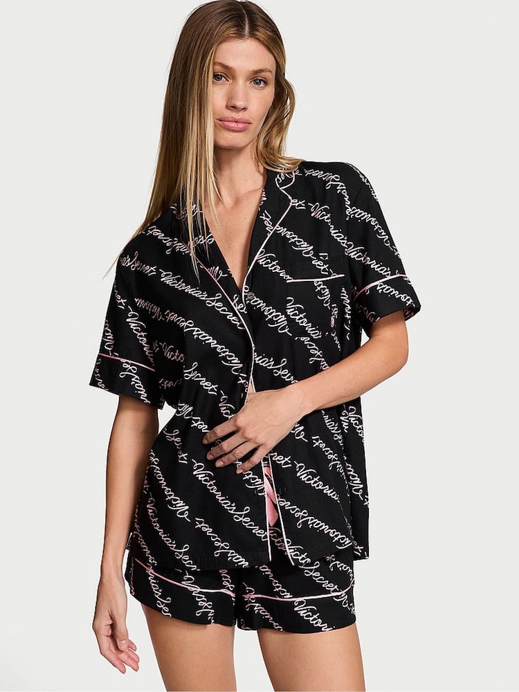Victoria's Secret Black Ribbon Script Flannel Short Pyjama Set - Image 1 of 3