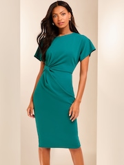 Lipsy Teal Blue Twist Side Round Neck Midi Dress - Image 1 of 4