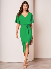 Lipsy Green V Neck Flutter Sleeve Belted Midi Dress - Image 1 of 4