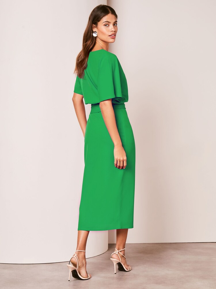Lipsy Green V Neck Flutter Sleeve Belted Midi Dress - Image 2 of 4