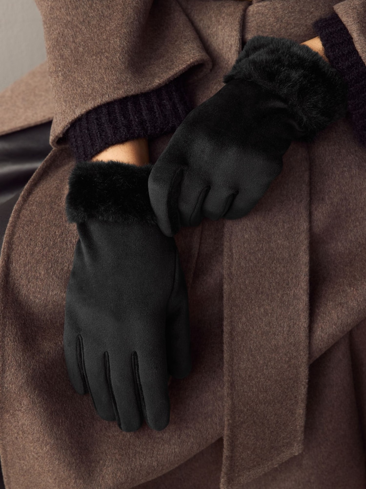 Schwarz - Handschuhe mit Kunstpelzbündchen - Bild 1 von 5 Schwarz - Handschuhe mit Kunstpelzbündchen - Bild 1 von 5