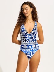 Seafolly Blue Corfu Deep V-Neck Swimsuits One Piece - Image 1 of 5