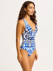 Seafolly Blue Corfu Deep V-Neck Swimsuits One Piece - Image 4 of 5