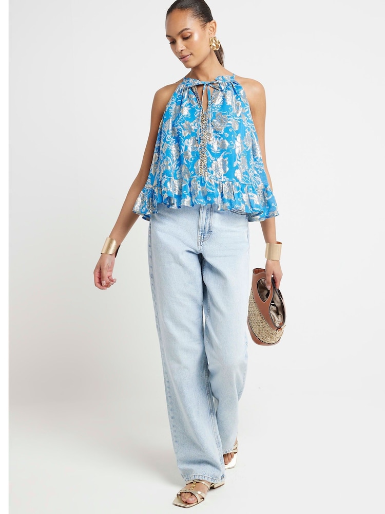 River Island Blue Metallic Halter Top - Image 2 of 6