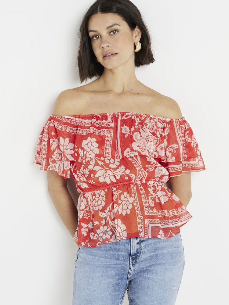 River Island Red Ruffle Frill Bardot Top - Image 1 of 6