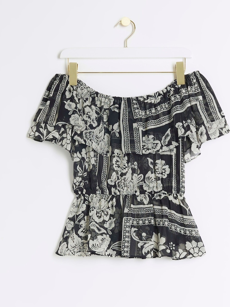 River Island Black Ruffle Frill Bardot Top - Image 1 of 1
