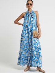 River Island Blue Halter Metallic Trapeze Dress - Image 1 of 6
