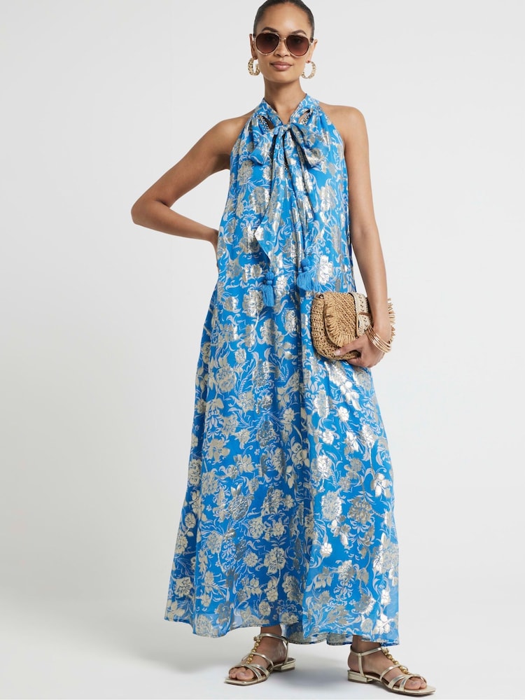 River Island Blue Halter Metallic Trapeze Dress - Image 1 of 6