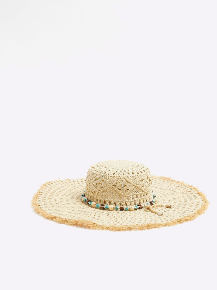 River Island Brown Macrame Bead Floppy Straw Hat - Image 1 of 2