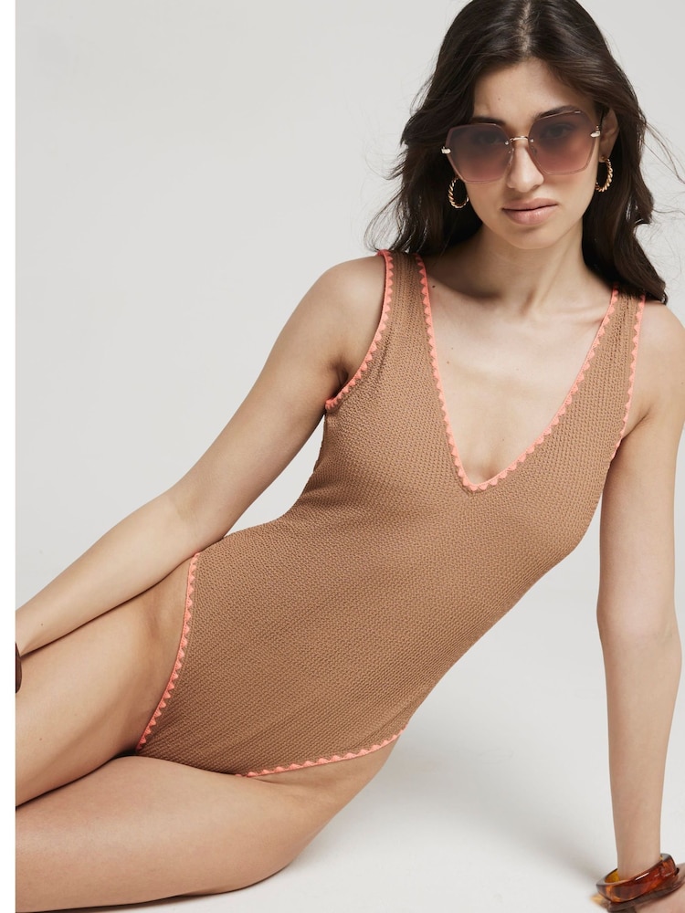 River Island Brown Textured Whipstitch Swimsuit - Image 1 of 4