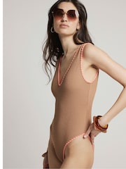 River Island Brown Textured Whipstitch Swimsuit - Image 4 of 4