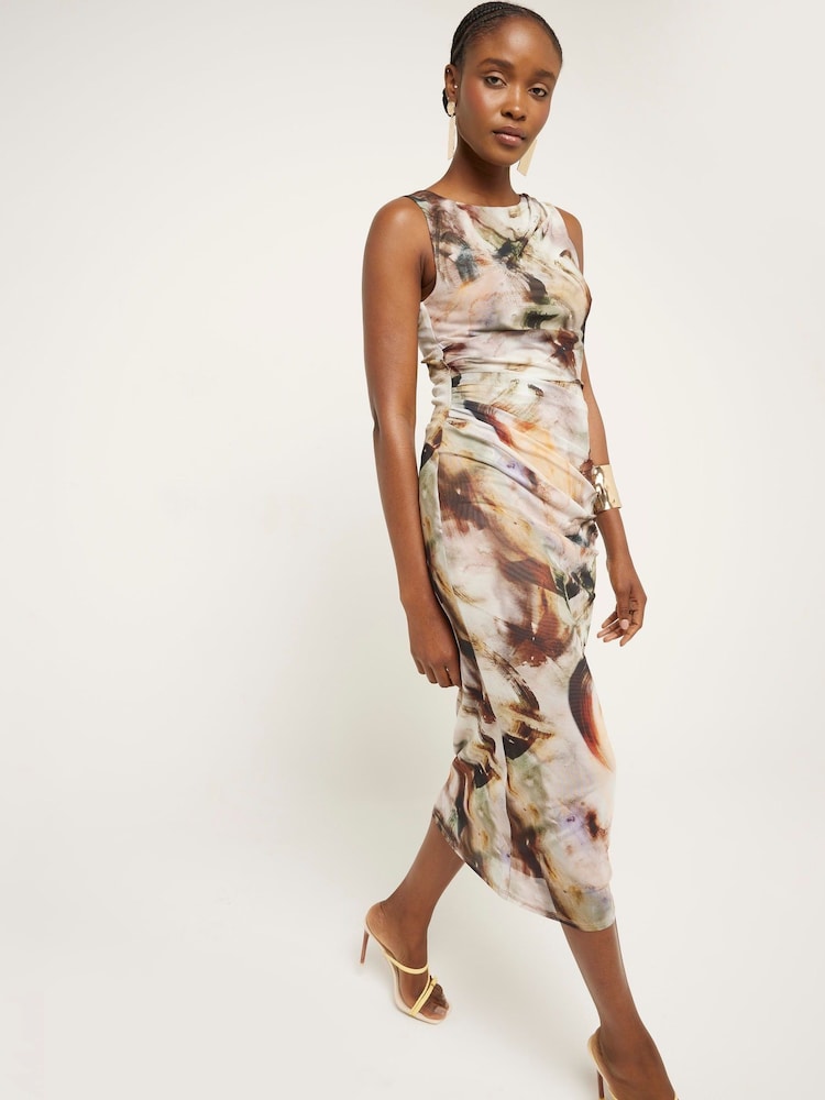 River Island Brown Printed Drape Column Dress - Image 1 of 4