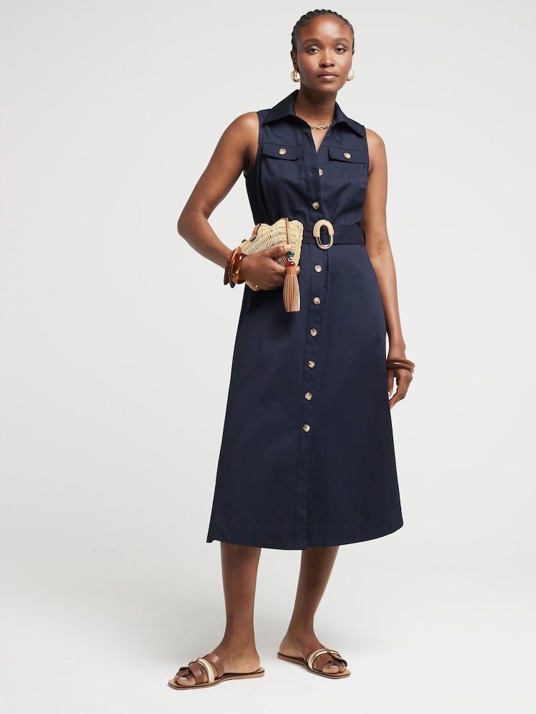 River Island Blue Belted Midi Shirt Dress - Image 1 of 4