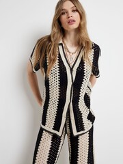 River Island Black Striped Crochet Polo Shirt - Image 1 of 3