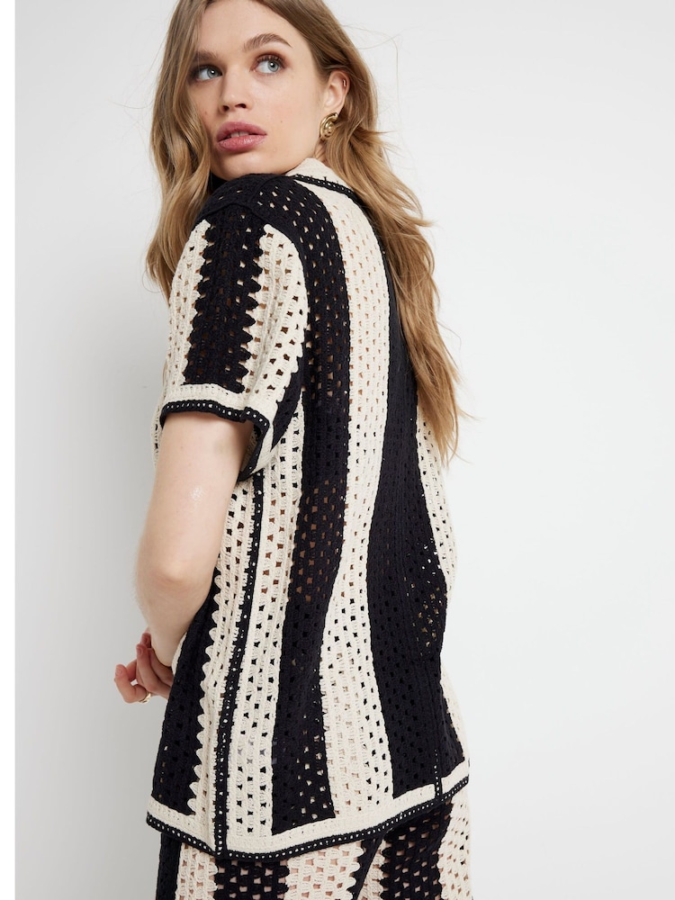 River Island Black Striped Crochet Polo Shirt - Image 2 of 3