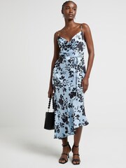 River Island Blue Floral Asymmetric Midi Slip Dress - Image 1 of 4