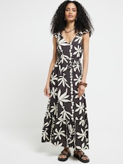 River Island Brown Floral Frill Sleeve Maxi Dress - Image 1 of 4